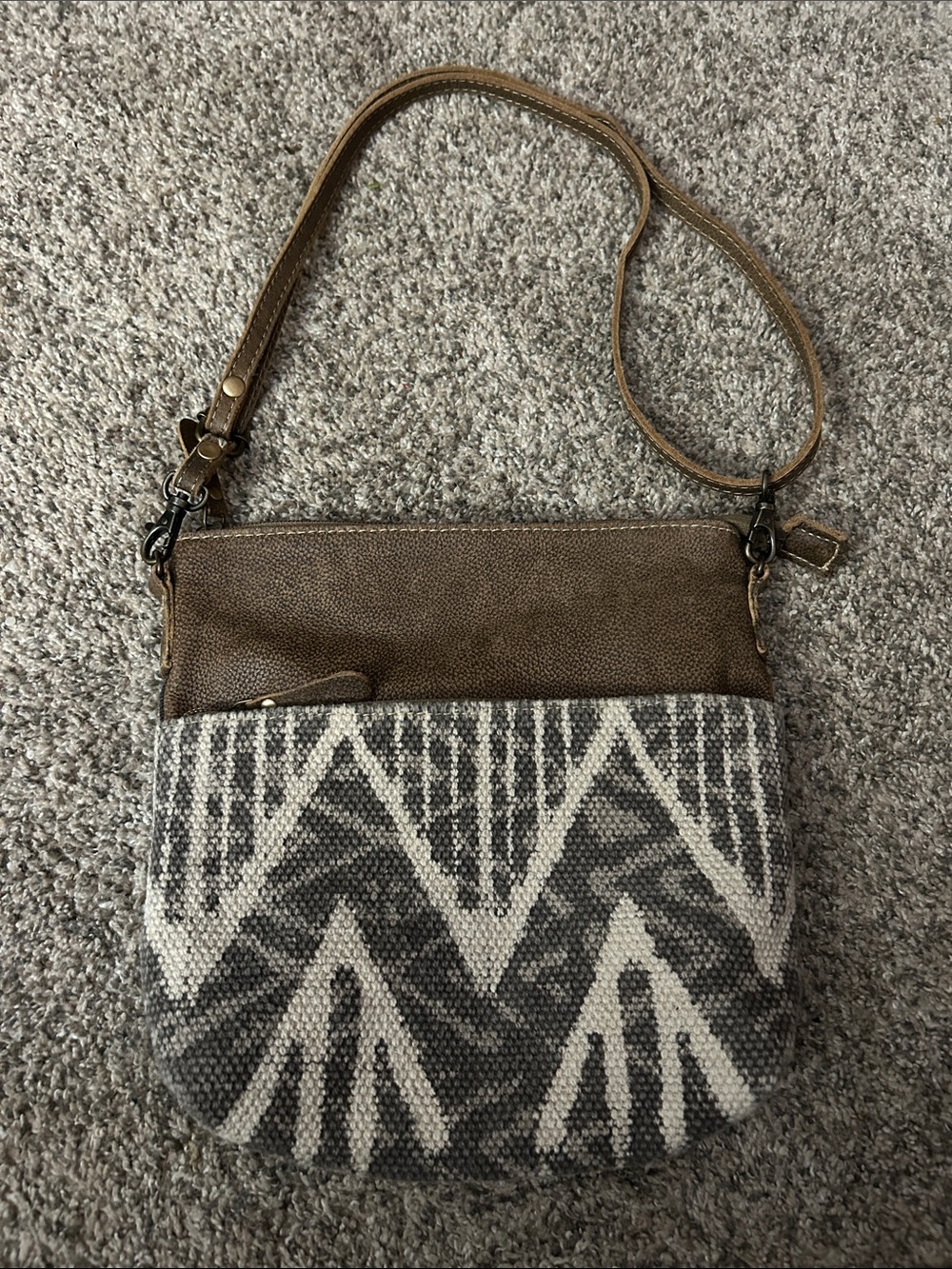 Myra Bag Coffee Canvas Small Crossbody Aztec Woven Geometric Leather